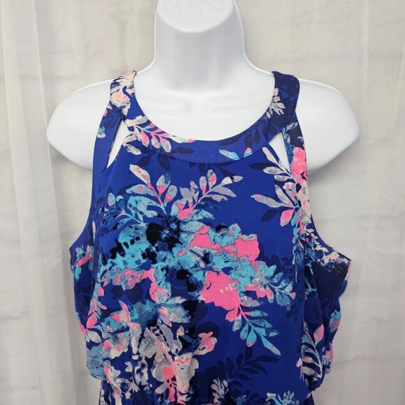Xhiliration Blue Pink Floral Tropical Sleeveless Maxi Dress L - Picture 2 of 12